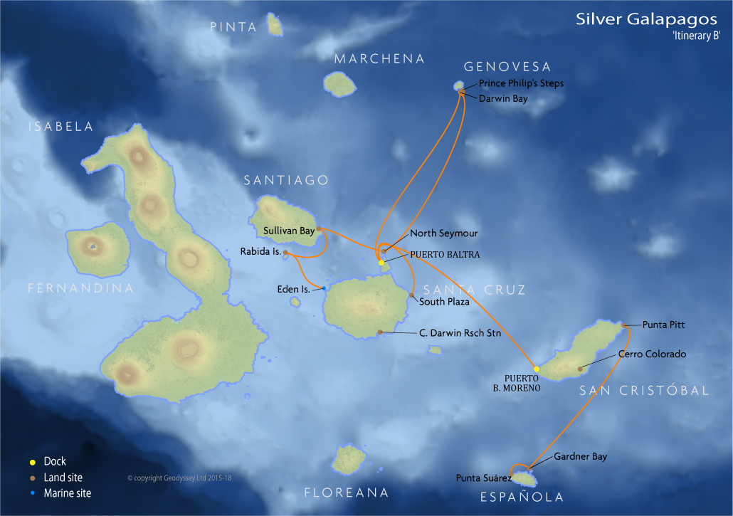 Itinerary map for Silver Galapagos 'Itinerary B' cruise