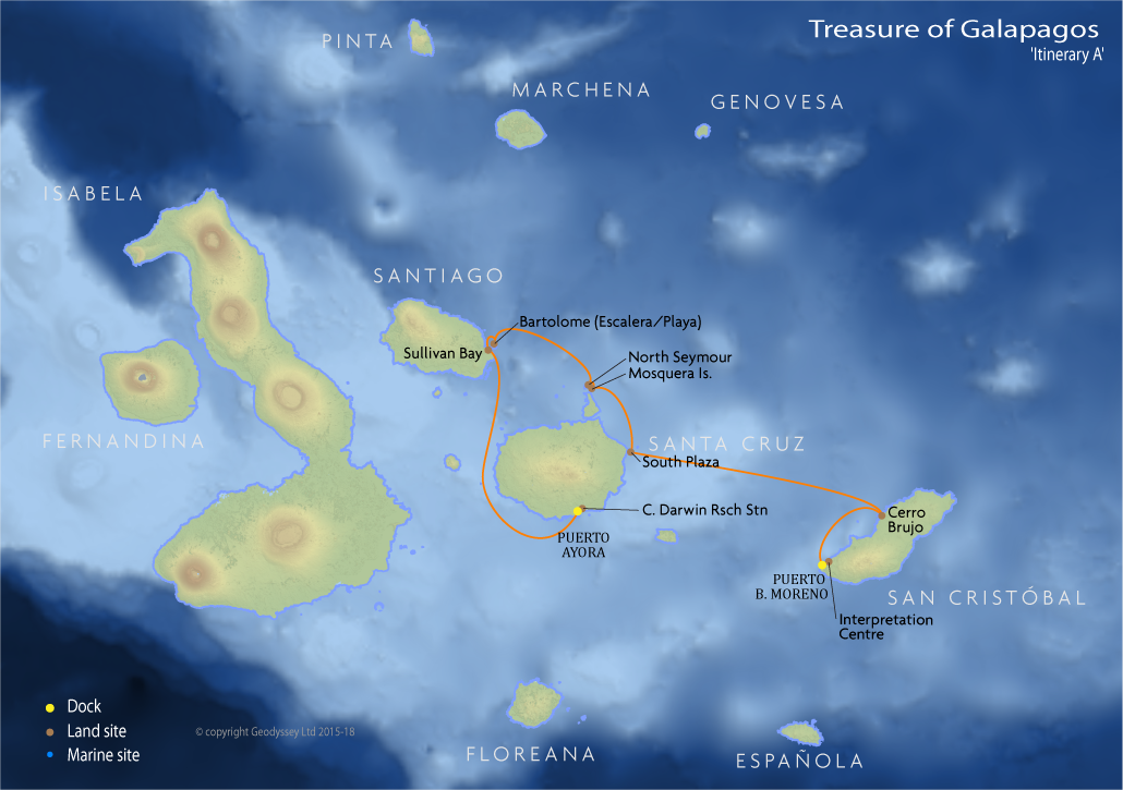 Itinerary map for Treasure of Galapagos 'Itinerary A' cruise