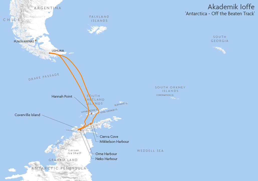 Itinerary map for Akademik Ioffe 'Antarctica - Off the Beaten Track' cruise