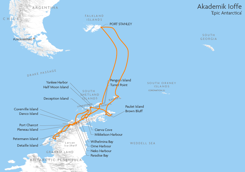 Itinerary map for Akademik Ioffe 'Epic Antarctica' cruise