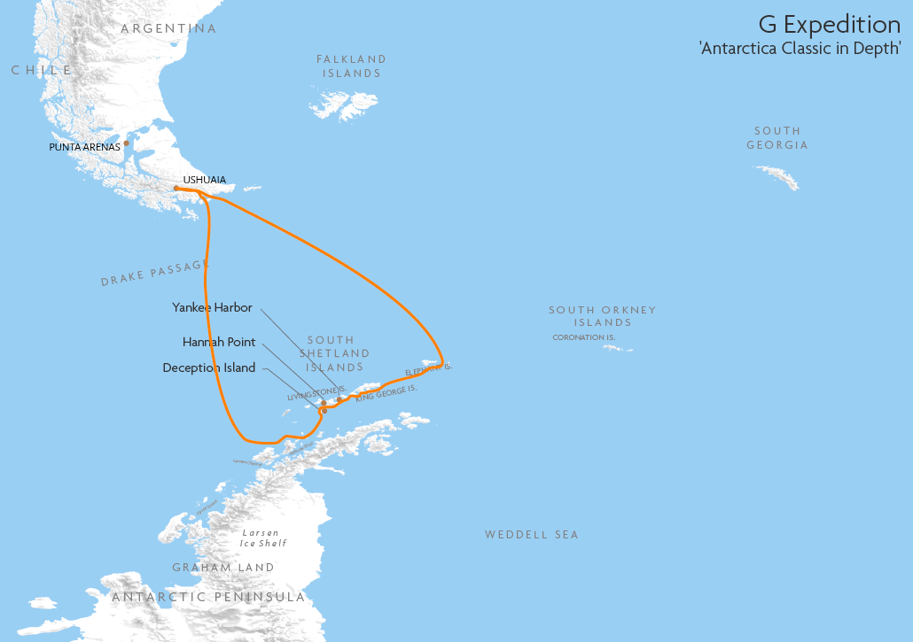 Itinerary map for G Expedition 'Antarctica Classic in Depth' cruise