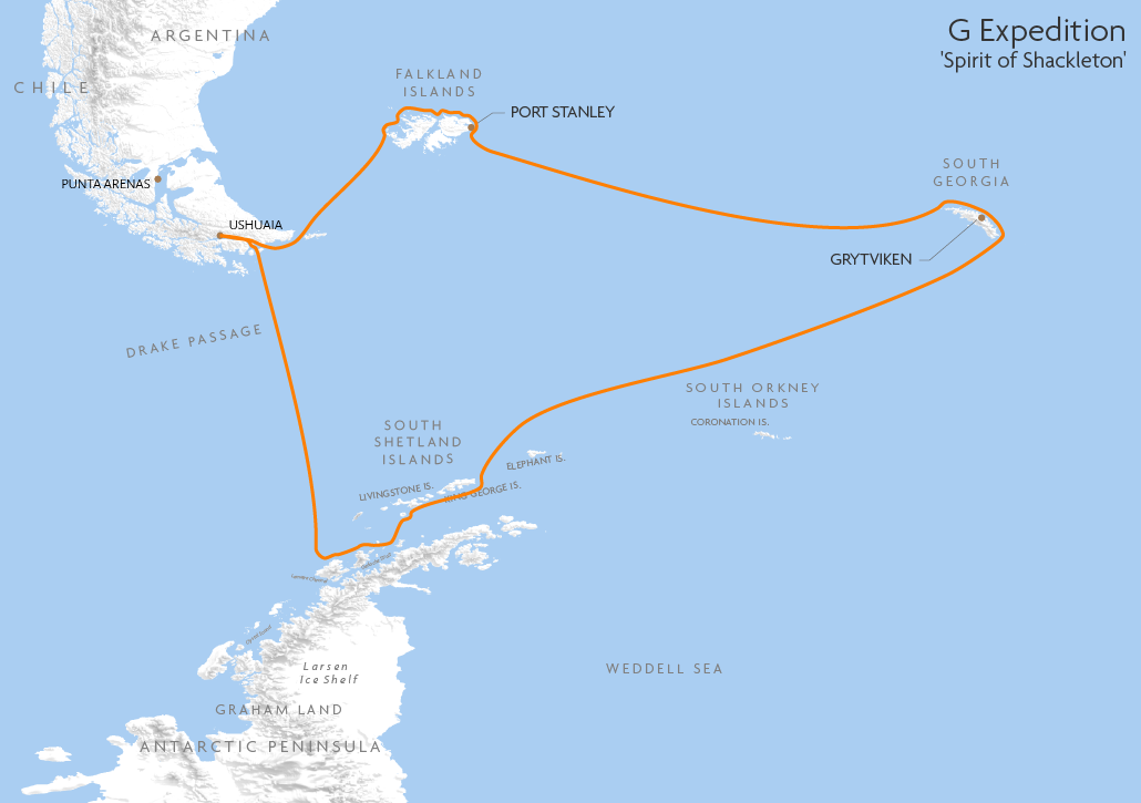 Itinerary map for G Expedition 'Spirit of Shackleton' cruise