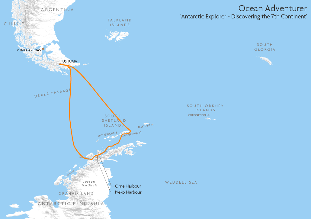 Itinerary map for Ocean Adventurer 'Antarctic Explorer - Discovering the 7th Continent' cruise
