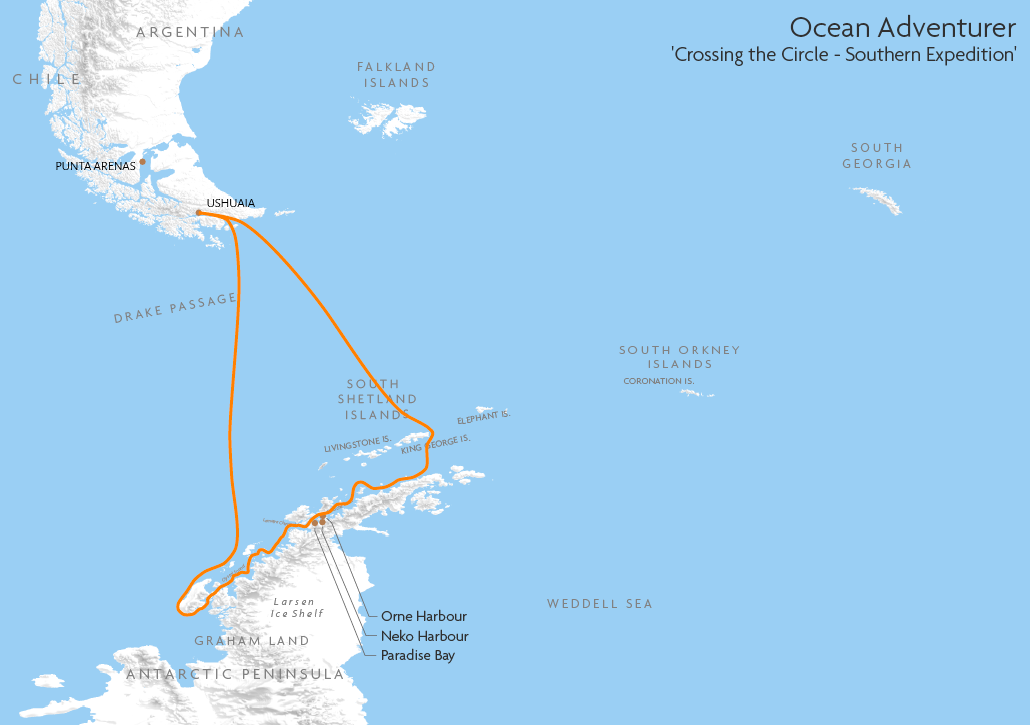 Itinerary map for Ocean Adventurer 'Crossing the Circle - Southern Expedition' cruise