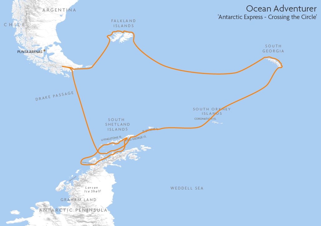 Itinerary map for Ocean Adventurer 'Antarctic Express - Crossing the Circle' cruise