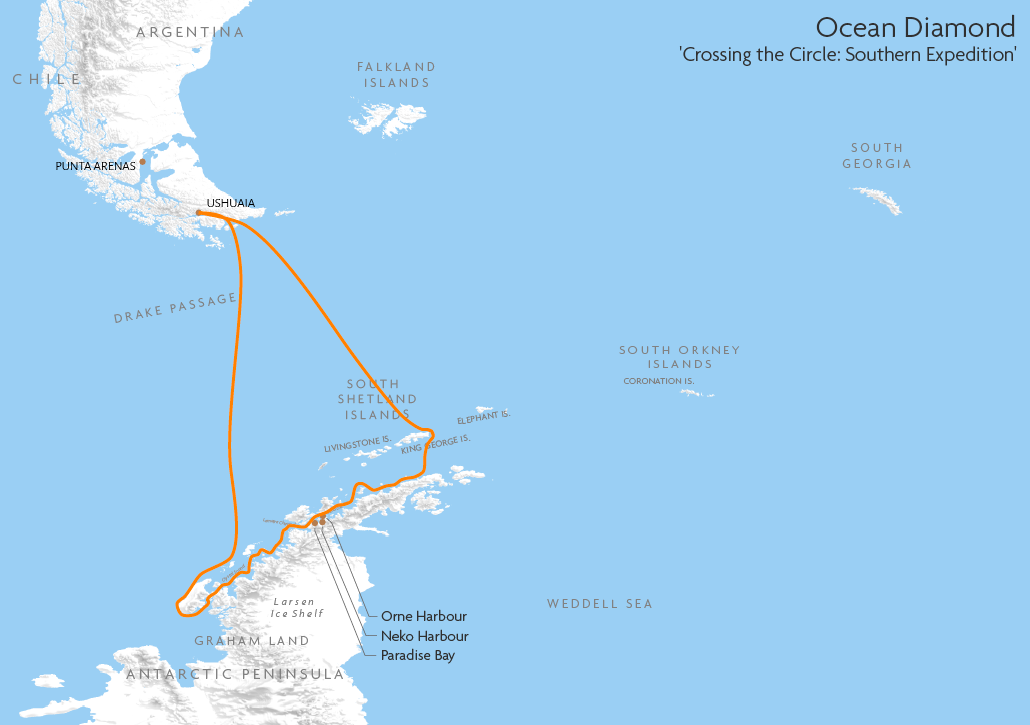 Itinerary map for Ocean Diamond 'Crossing the Circle - Southern Expedition' cruise
