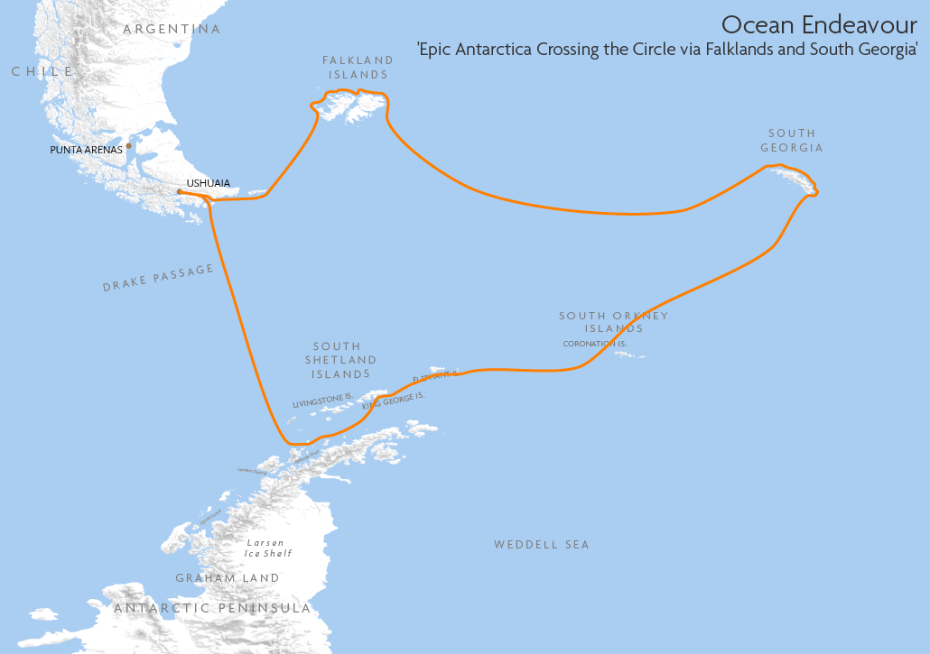 Itinerary map for Ocean Endeavour 'Epic Antarctica Crossing the Circle via Falklands and South Georgia' cruise