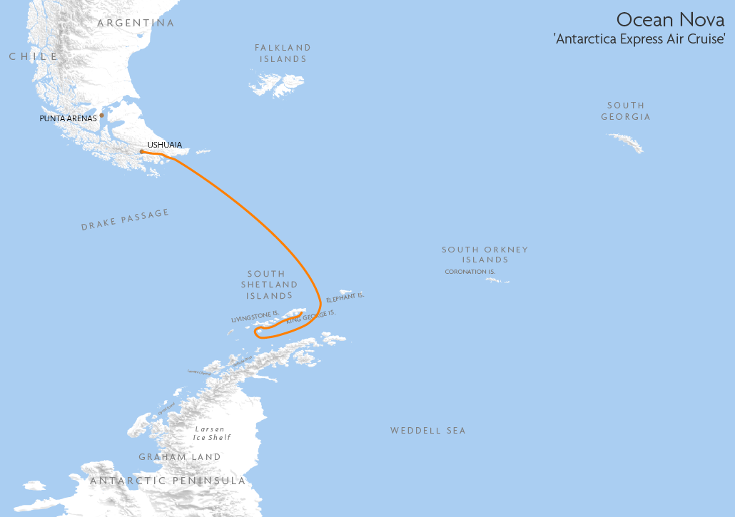 Itinerary map for Ocean Nova 'Antarctica Express Air Cruise' cruise