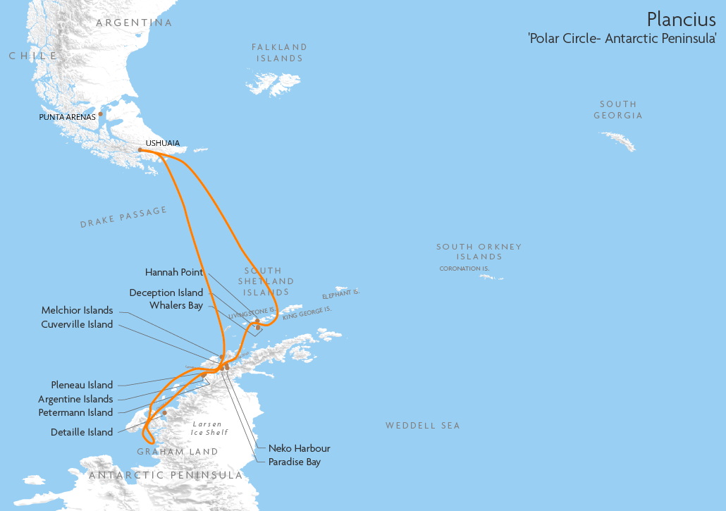 Itinerary map for Plancius 'Polar Circle- Antarctic Peninsula' cruise