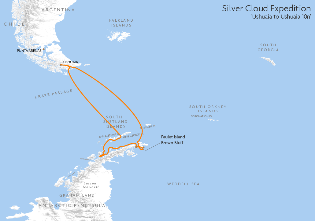 Itinerary map for Silver Cloud Expedition 'Ushuaia to Ushuaia 10n' cruise