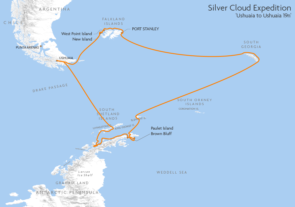 Itinerary map for Silver Cloud Expedition 'Ushuaia to Ushuaia 19n' cruise