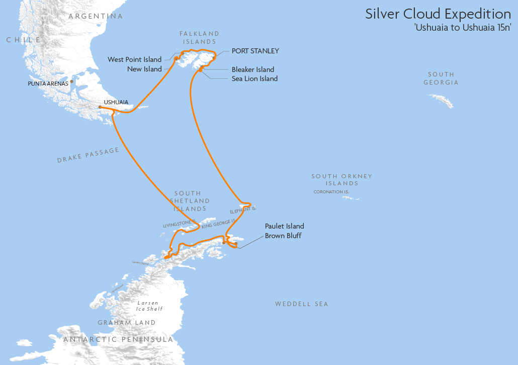 Itinerary map for Silver Cloud Expedition 'Ushuaia to Ushuaia 15n' cruise