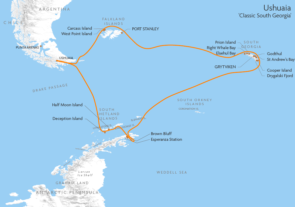 Itinerary map for Ushuaia 'Classic South Georgia' cruise