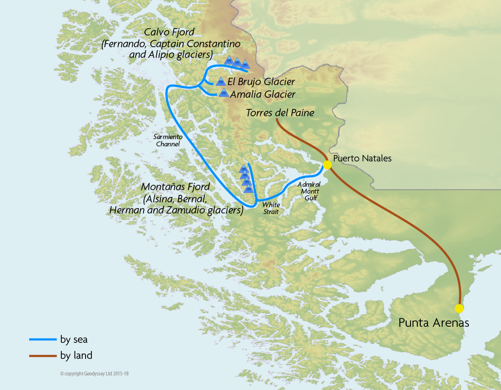 Itinerary map for Skorpios III 'Kaweskar Route' cruise