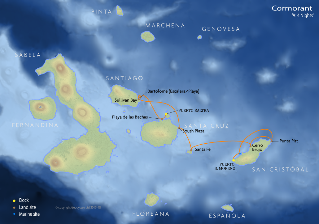Itinerary map for Cormorant 'A: 4 Nights' Galapagos cruise