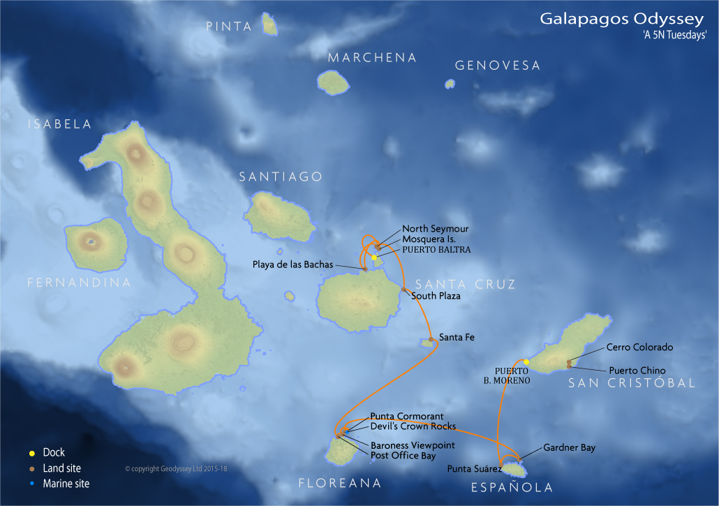 Itinerary map for Galapagos Odyssey 'A 5N Tuesdays' cruise