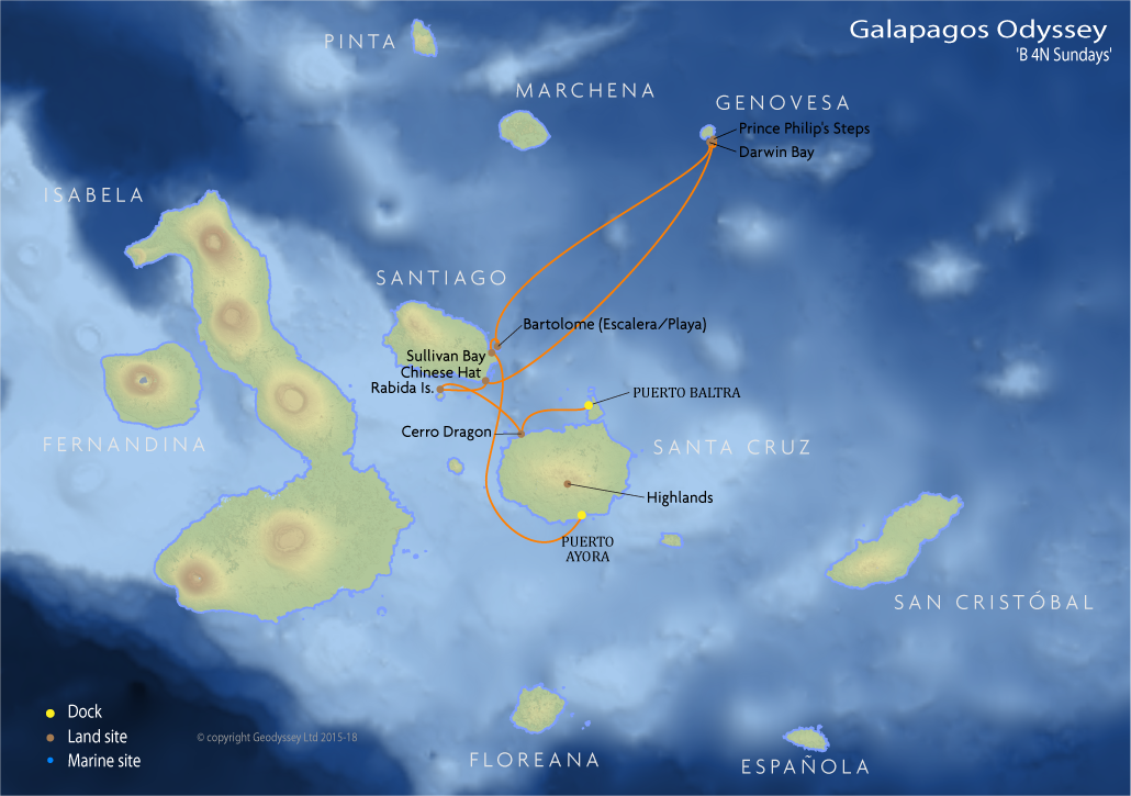 Itinerary map for Galapagos Odyssey 'B 4N Sundays' cruise