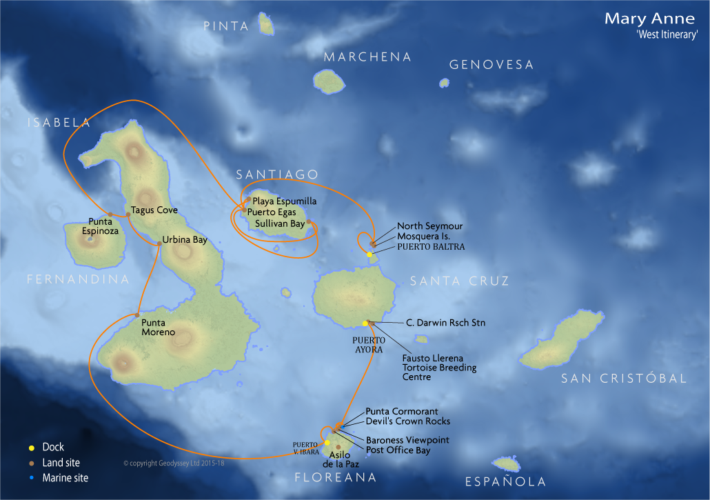 Itinerary map for Mary Anne 'West Itinerary' Galapagos cruise