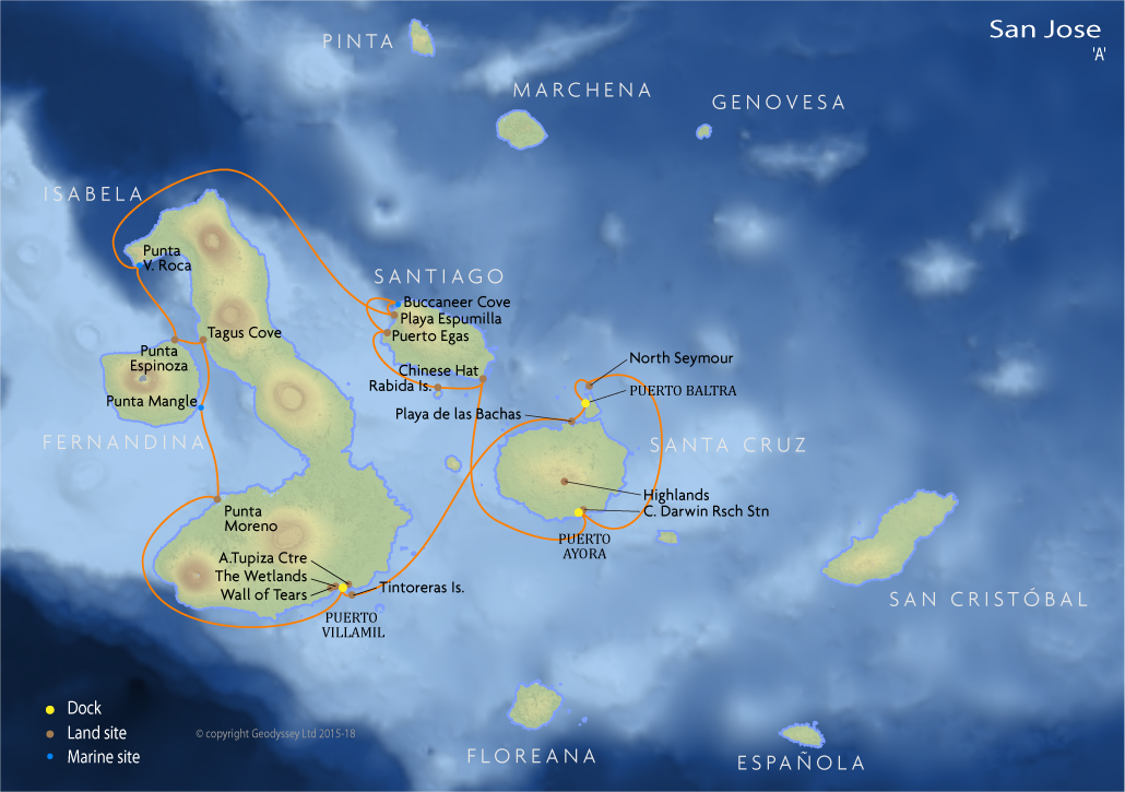 Itinerary map for San Jose 'A' Galapagos cruise