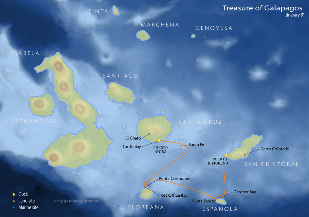 Itinerary map for Treasure of Galapagos 'Itinerary B' cruise