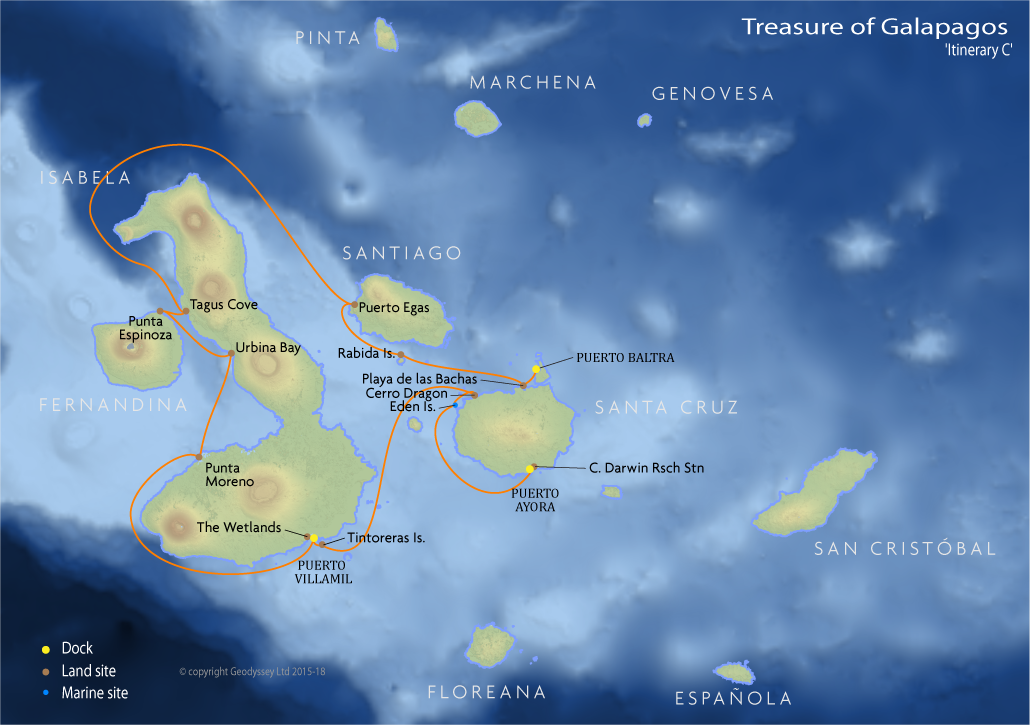 Itinerary map for Treasure of Galapagos 'Itinerary C' cruise